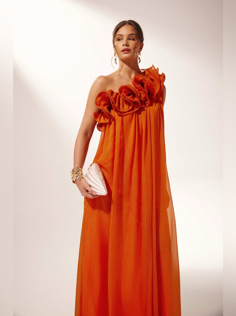 One-Shoulder Orange Evening Gown with Floral Ruffle